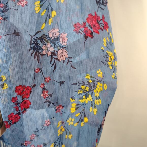 Blue Floral Open Front Kimono Cardigan w/‎ Fringe Hem & Lace Sheer Boho Cover Up - Picture 5 of 11